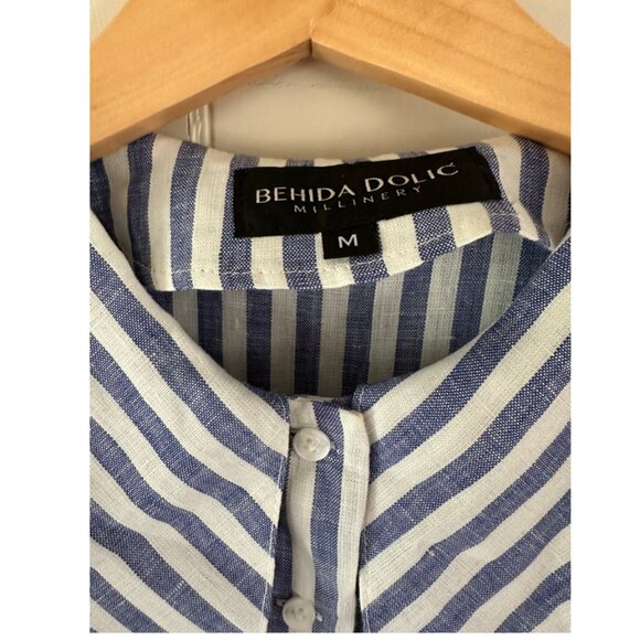 Behida Dolic Striped Blue and White Linen Dress w/ Peter Pan Collar - Picture 3 of 3